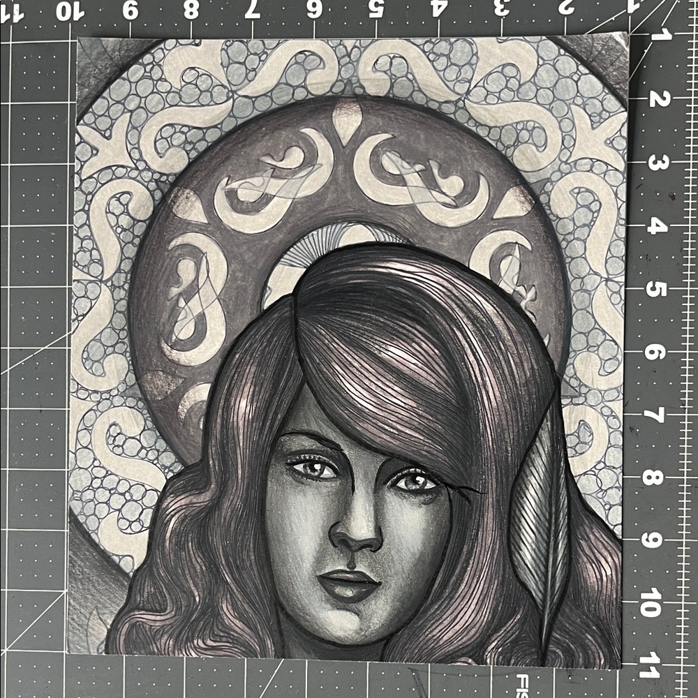Original art, drawing, gray, woman with feather, art sale! Hand drawn